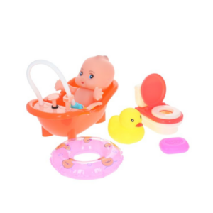 Set de bain miniature pour enfant avec mini poupon, baignoire, WC, canard, bouée et savon – jeu d’imitation éducatif dès 3 ans.
