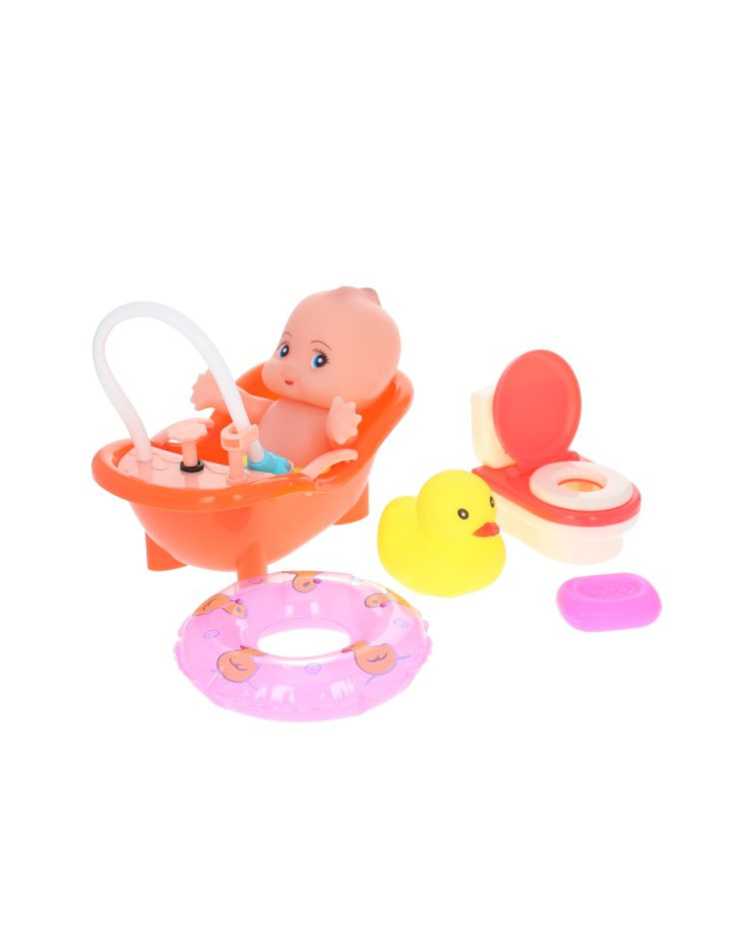Set de bain miniature pour enfant avec mini poupon, baignoire, WC, canard, bouée et savon – jeu d’imitation éducatif dès 3 ans.