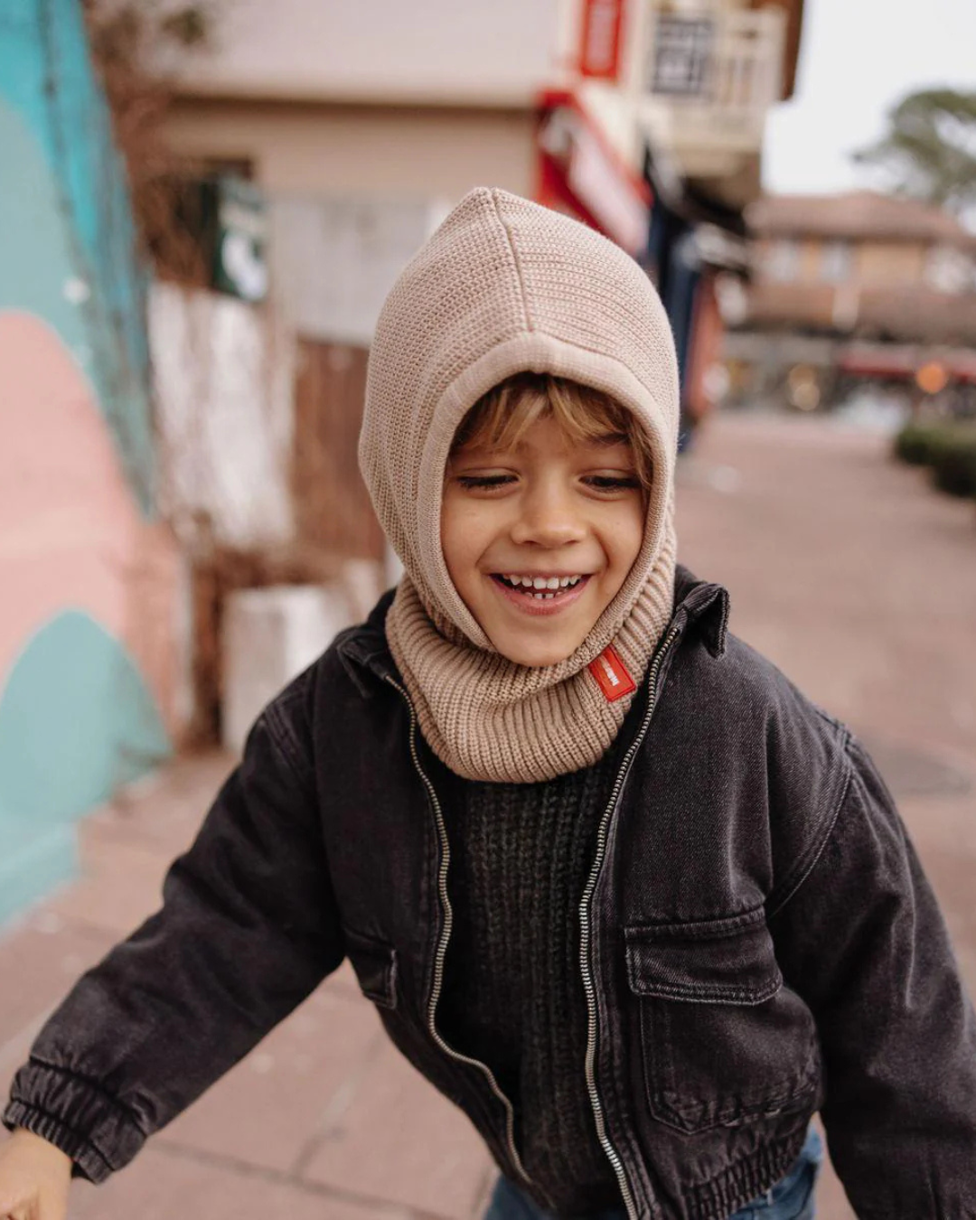 Cagoule Hoody Latte pour bébé et enfant en coton bio, maille côtelée, certifiée Oeko-Tex – cagoule et snood 2-en-1