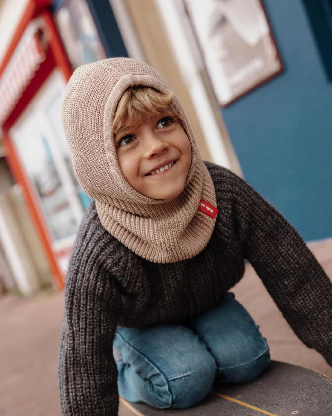 Cagoule Hoody Latte pour bébé et enfant en coton bio, maille côtelée, certifiée Oeko-Tex – cagoule et snood 2-en-1