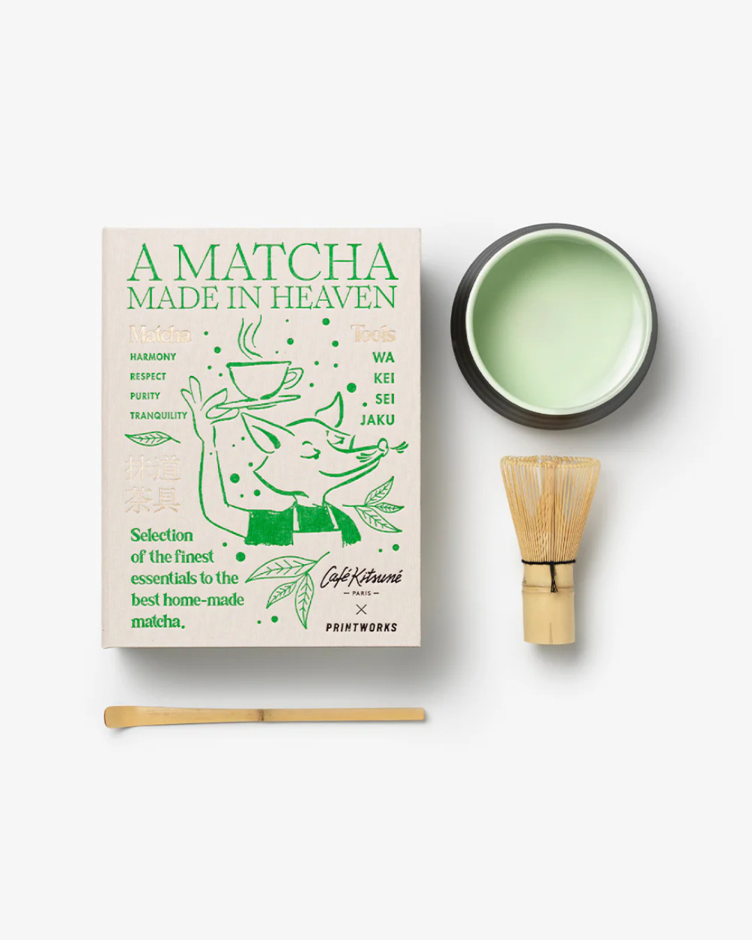Kit matcha Café Kitsuné Printworks avec fouet Chasen, cuillère Chashaku et bol Chawan dans coffret design