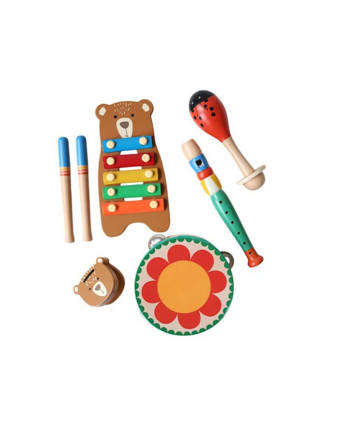 Set musical en bois pour enfants avec tambourin, maracas, xylophone, castagnette et flûte – décor animaux colorés.