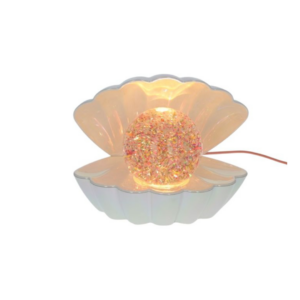 Lampe coquillage nacrée avec perle lumineuse et paillettes multicolores – luminaire déco féérique et océanique.