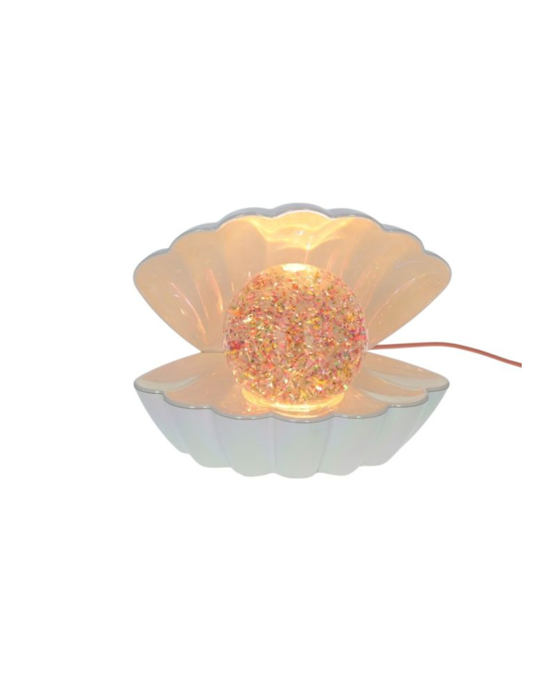 Lampe coquillage nacrée avec perle lumineuse et paillettes multicolores – luminaire déco féérique et océanique.