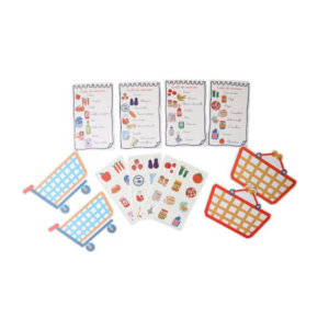 Jeu éducatif mémo Liste de courses pour enfant dès 3 ans, loto du supermarché avec caddies, paniers et vignettes illustrées.