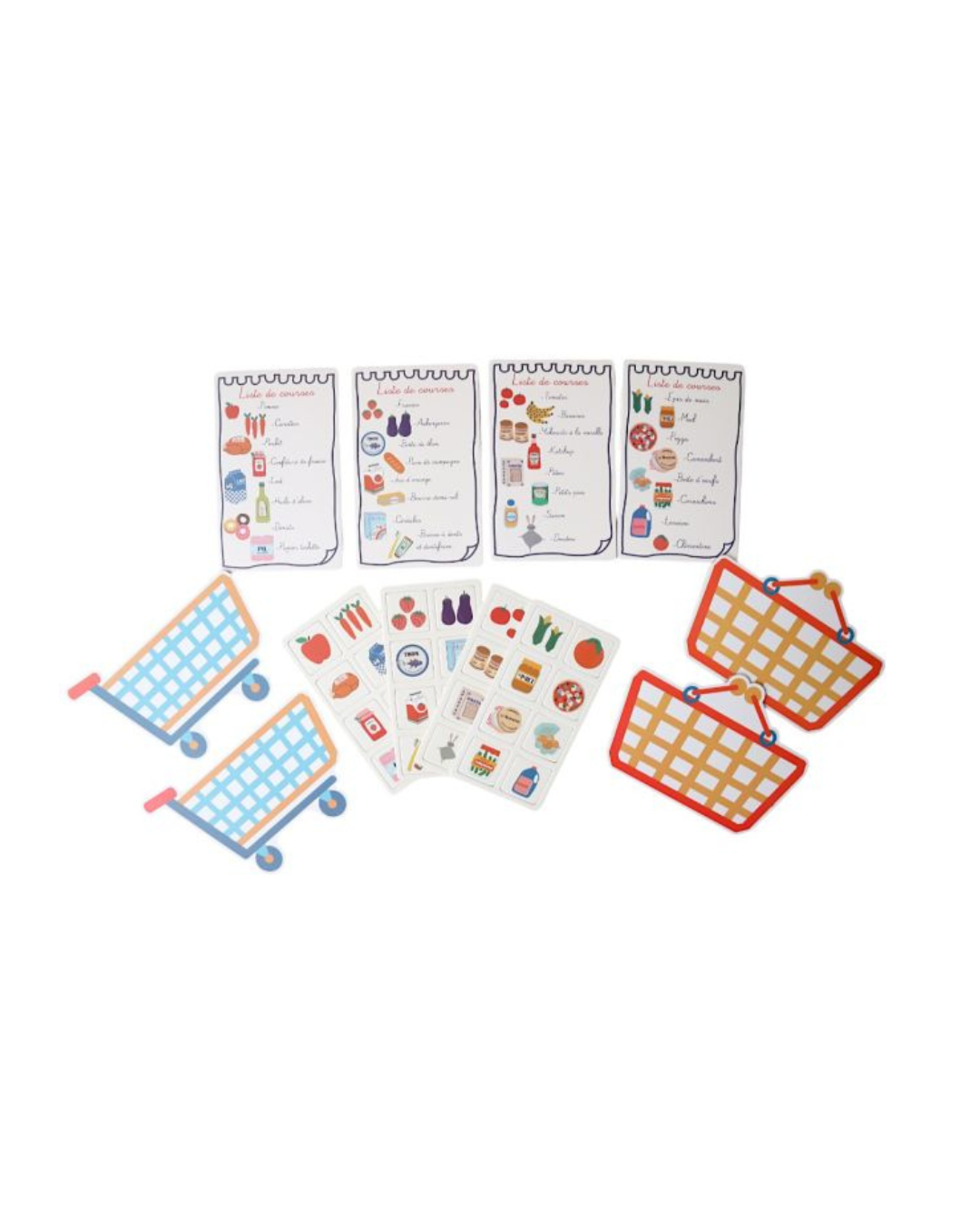 Jeu éducatif mémo Liste de courses pour enfant dès 3 ans, loto du supermarché avec caddies, paniers et vignettes illustrées.