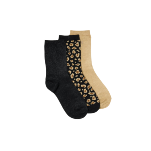 Pack de 3 paires de chaussettes femme glitters et léopard doré, en coton bio et fibres pailletées – tons champagne et noir.