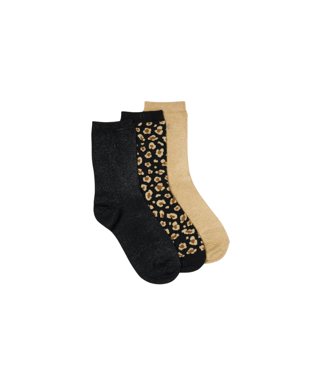Pack de 3 paires de chaussettes femme glitters et léopard doré, en coton bio et fibres pailletées – tons champagne et noir.