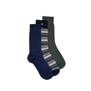 Pack 3 paires de chaussettes homme en coton bio : sapin chiné, marine chiné et motif montagne – chaussettes confortables et durables.
