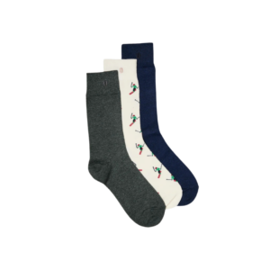 Pack de 3 paires de chaussettes homme en coton bio : sapin chiné, marine chiné et motif skieurs – chaussettes d’hiver confortables et durables.
