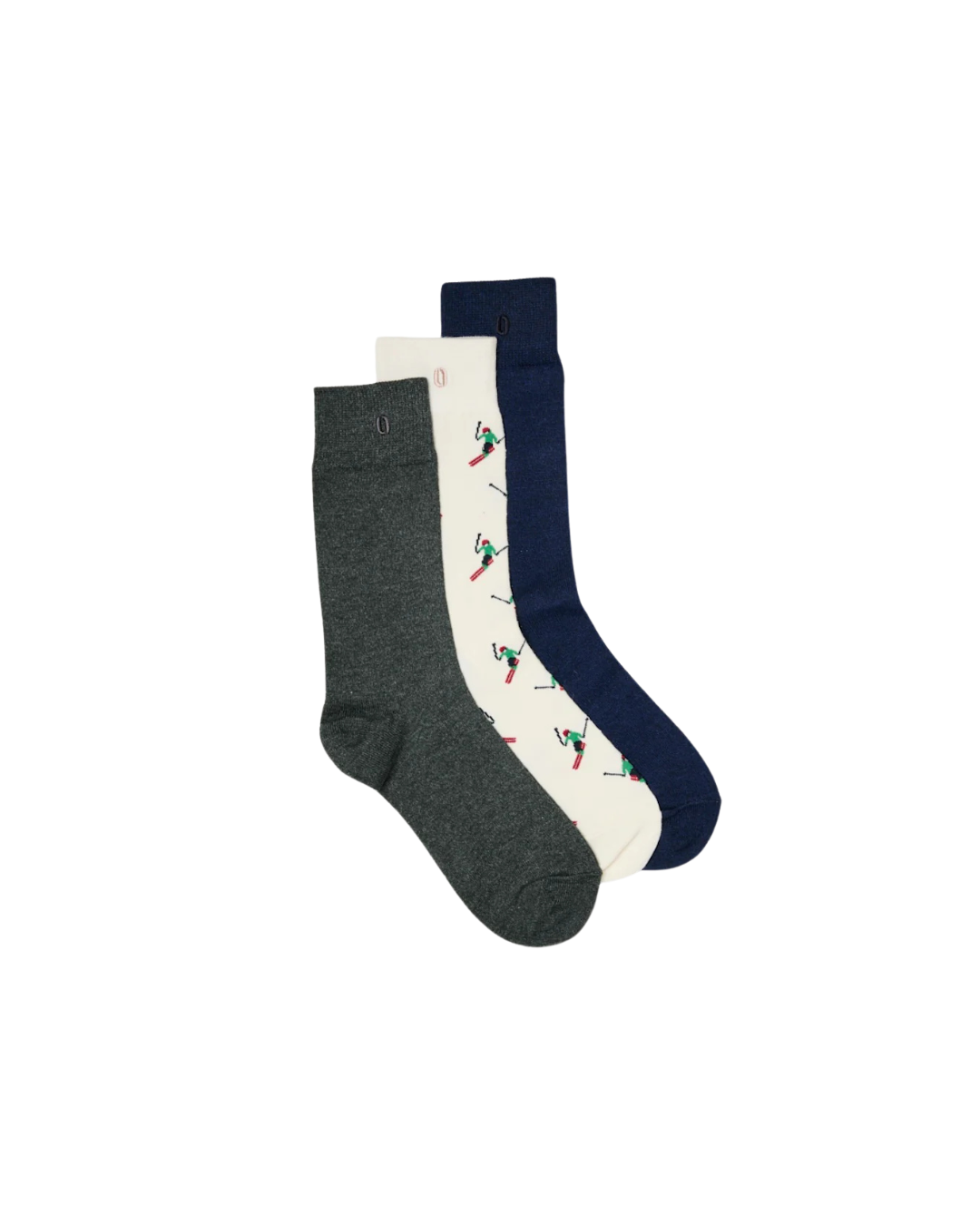 Pack de 3 paires de chaussettes homme en coton bio : sapin chiné, marine chiné et motif skieurs – chaussettes d’hiver confortables et durables.