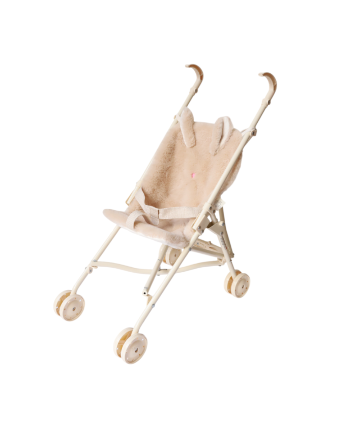 Poussette Lapin Chichi Pompon Frisette, beige, avec tête de lapin et assise en fausse fourrure, pour poupée dès 3 ans.