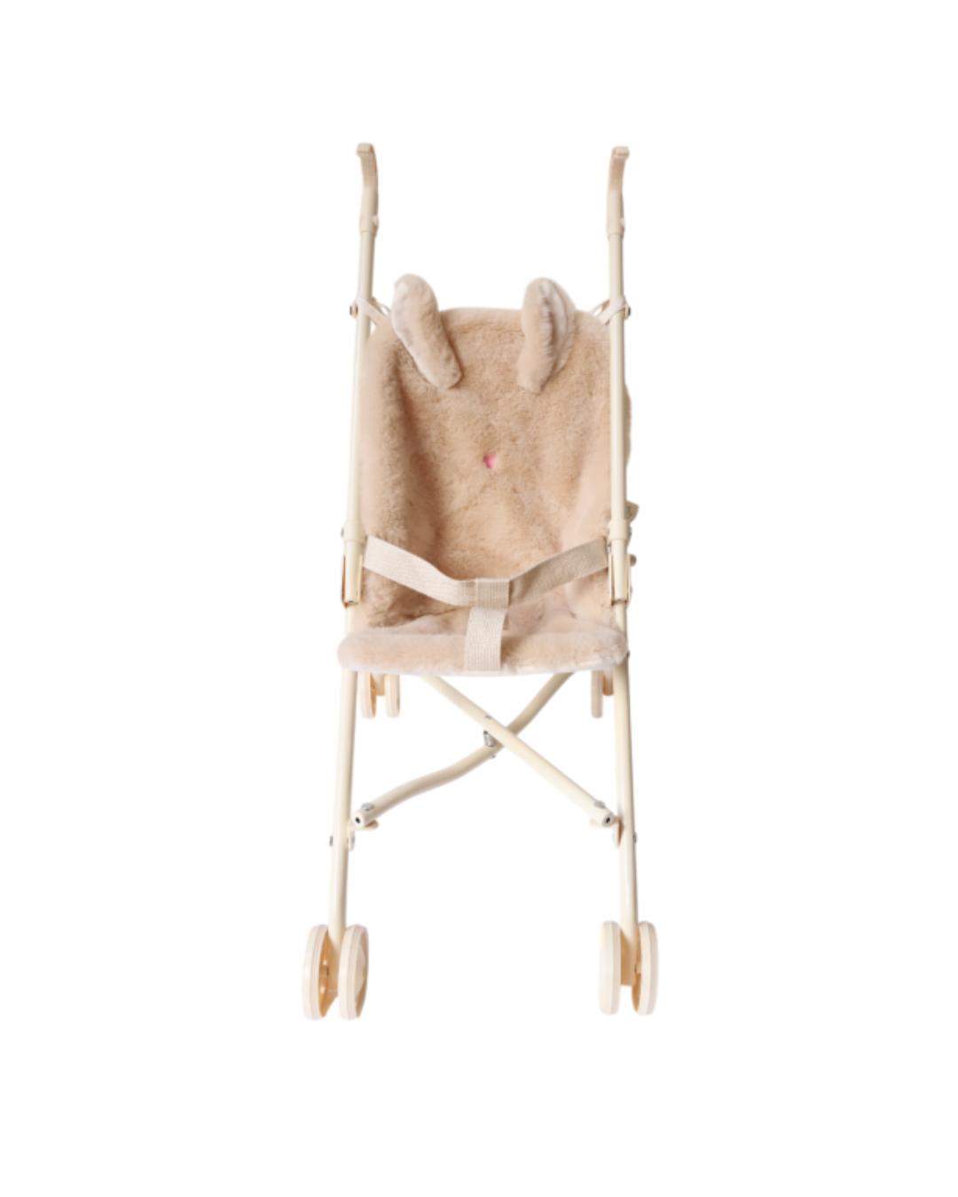 Poussette Lapin Chichi Pompon Frisette, beige, avec tête de lapin et assise en fausse fourrure, pour poupée dès 3 ans.