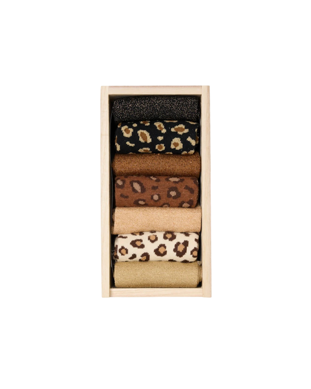 Pack 7 paires de chaussettes femme – Glitters & Léopard : confort, douceur et style dans des tons naturels et scintillants.
