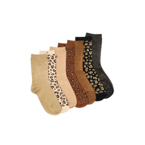Pack 7 paires de chaussettes femme – Glitters & Léopard : confort, douceur et style dans des tons naturels et scintillants.