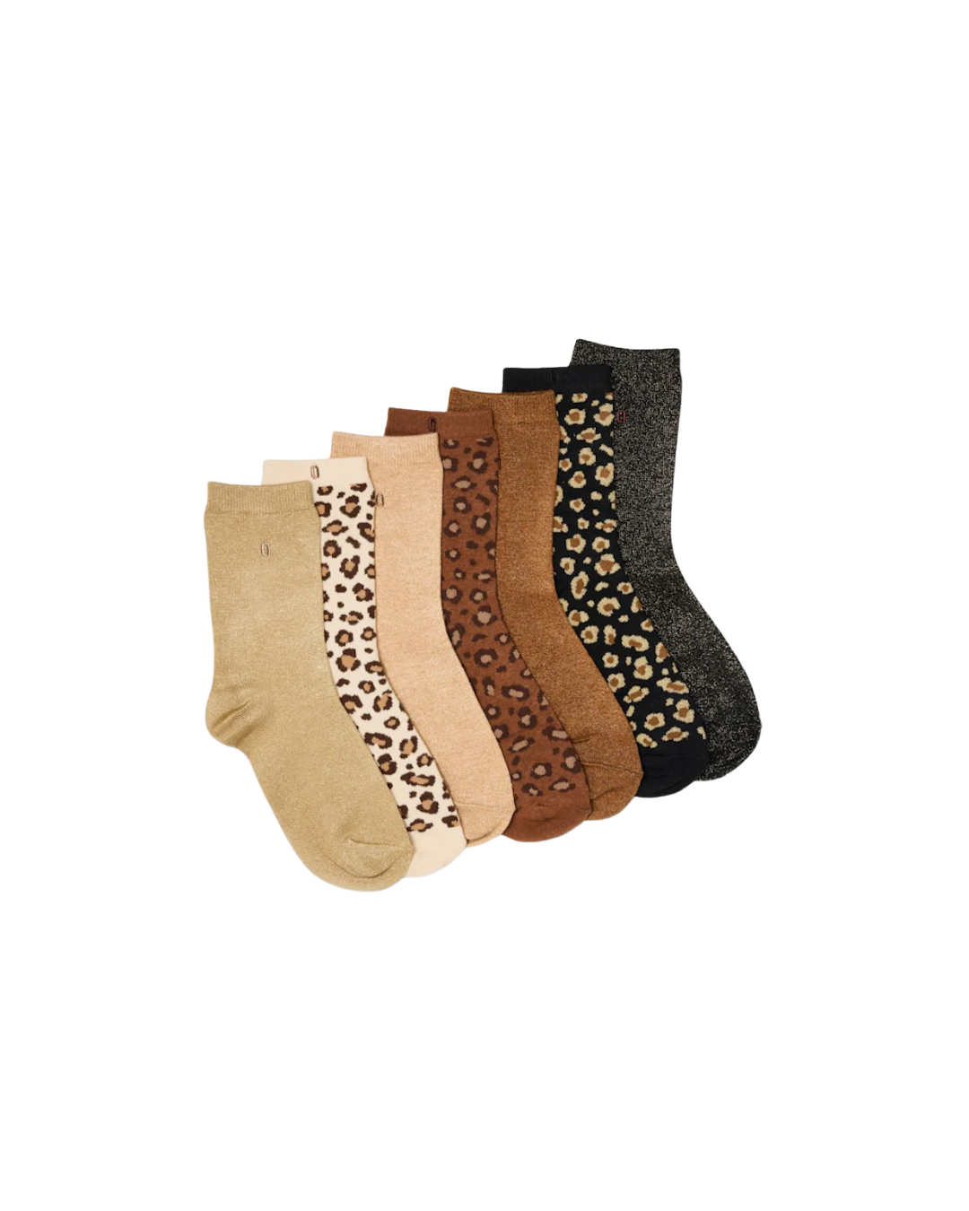 Pack 7 paires de chaussettes femme – Glitters & Léopard : confort, douceur et style dans des tons naturels et scintillants.