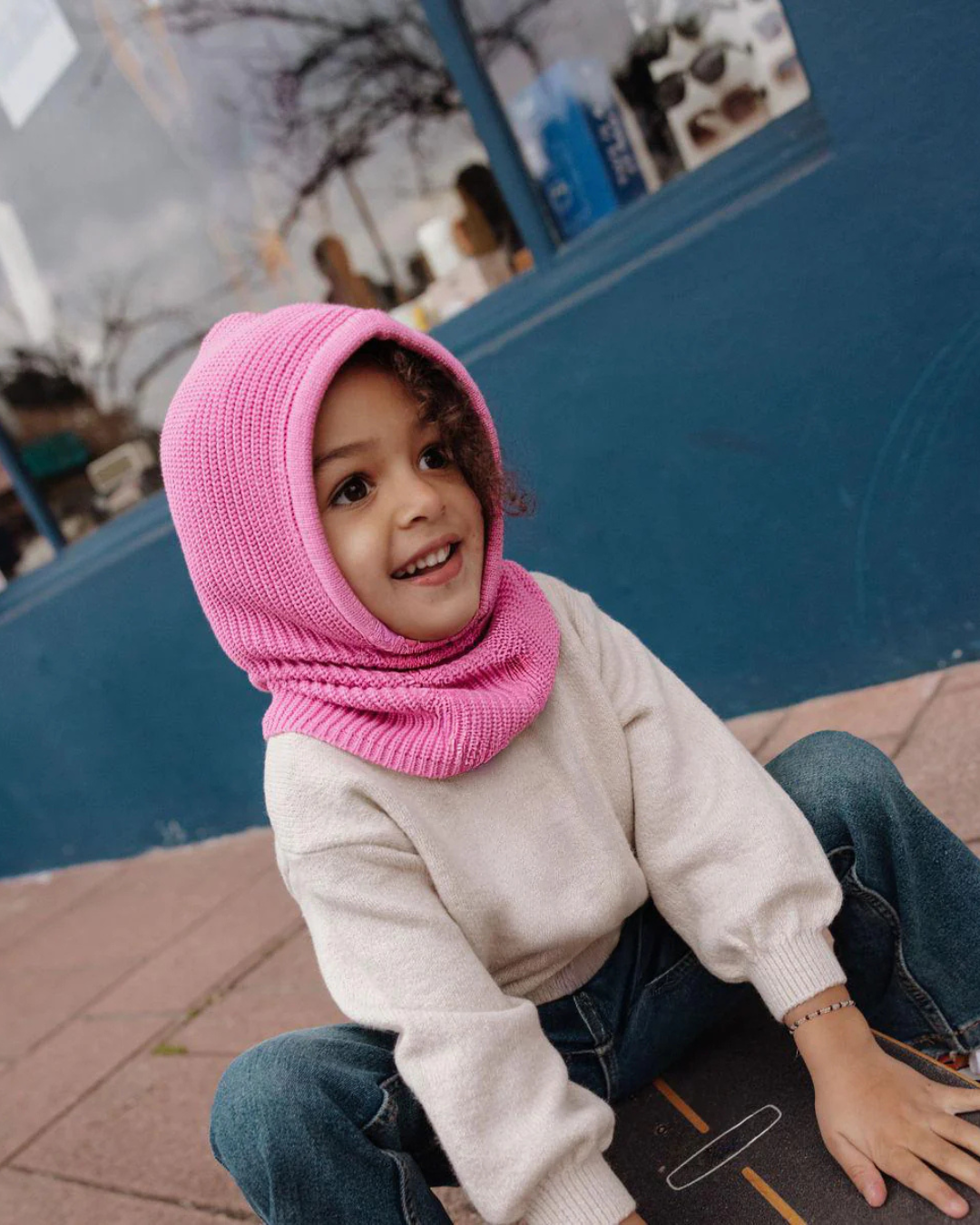 Cagoule Hoody rose pour enfant 2-5 ans en coton biologique, maille côtelée douce et couvrante