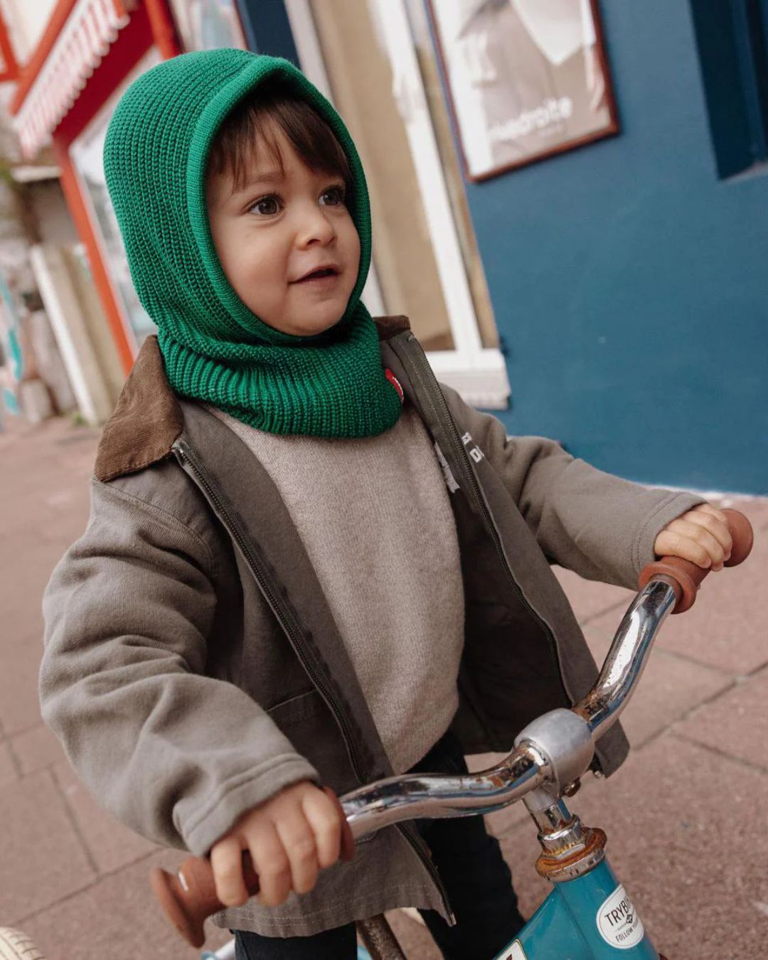 Cagoule Hoody vert pine pour enfant 2-5 ans en coton biologique, couvrante et ajustable