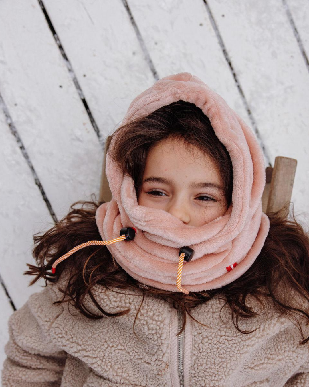 Cagoule Warmy rose pour enfant 2-5 ans en polaire douce, bien couvrante et ajustable