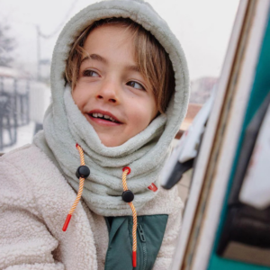 Cagoule Warmy verte pour enfant 2-5 ans en polaire chaude et douce, ajustable et bien couvrante