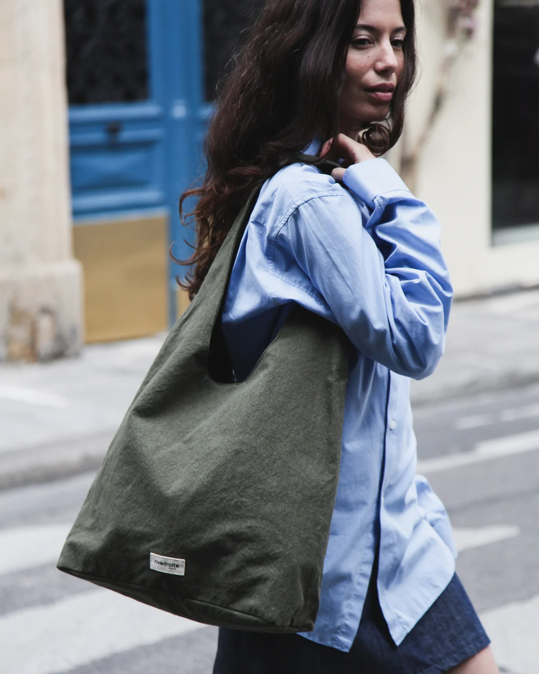 Sac hobo Richelieu kaki en coton recyclé, grand sac épaule femme