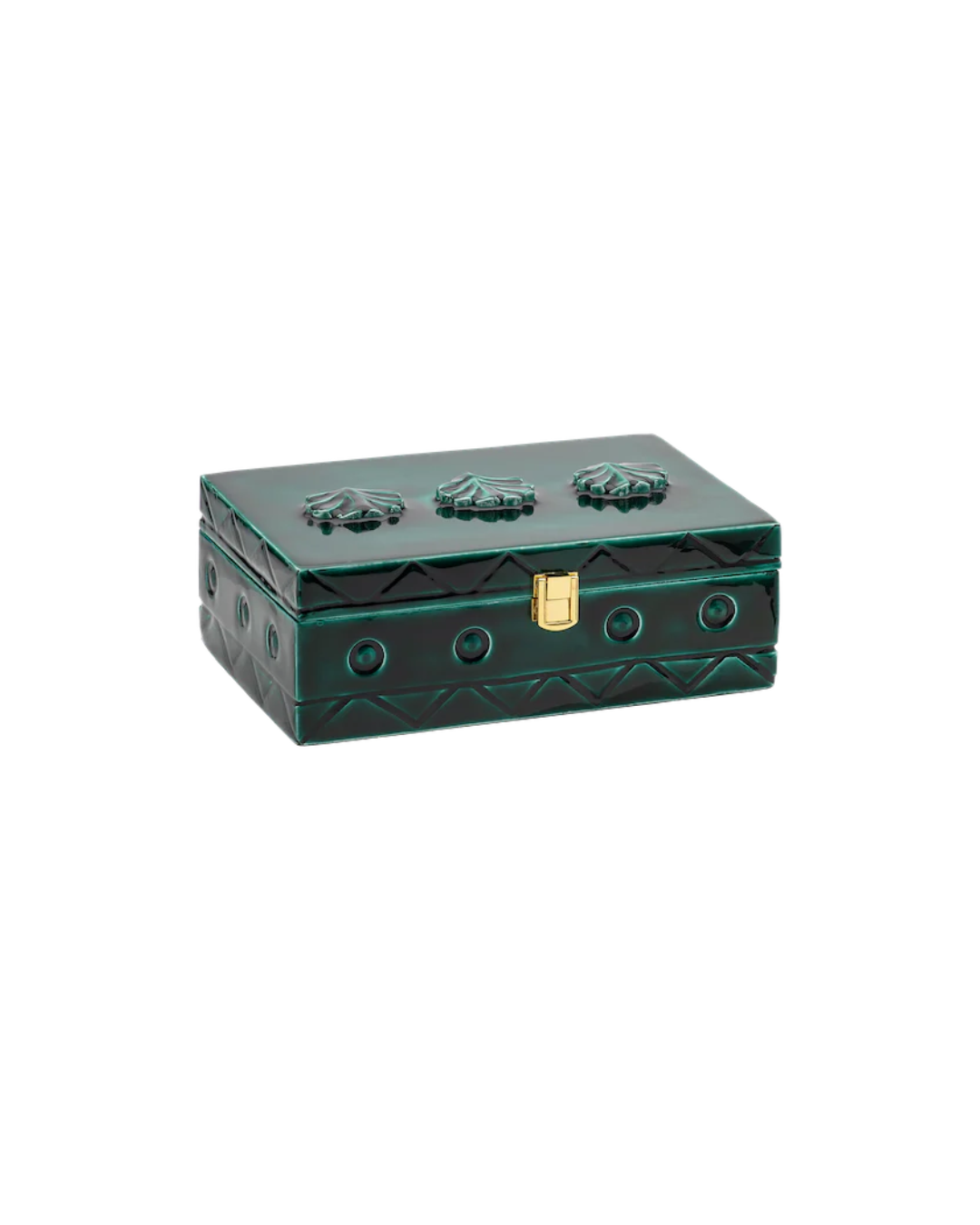 Boîte à bijoux verte avec coquillages et miroir intérieur