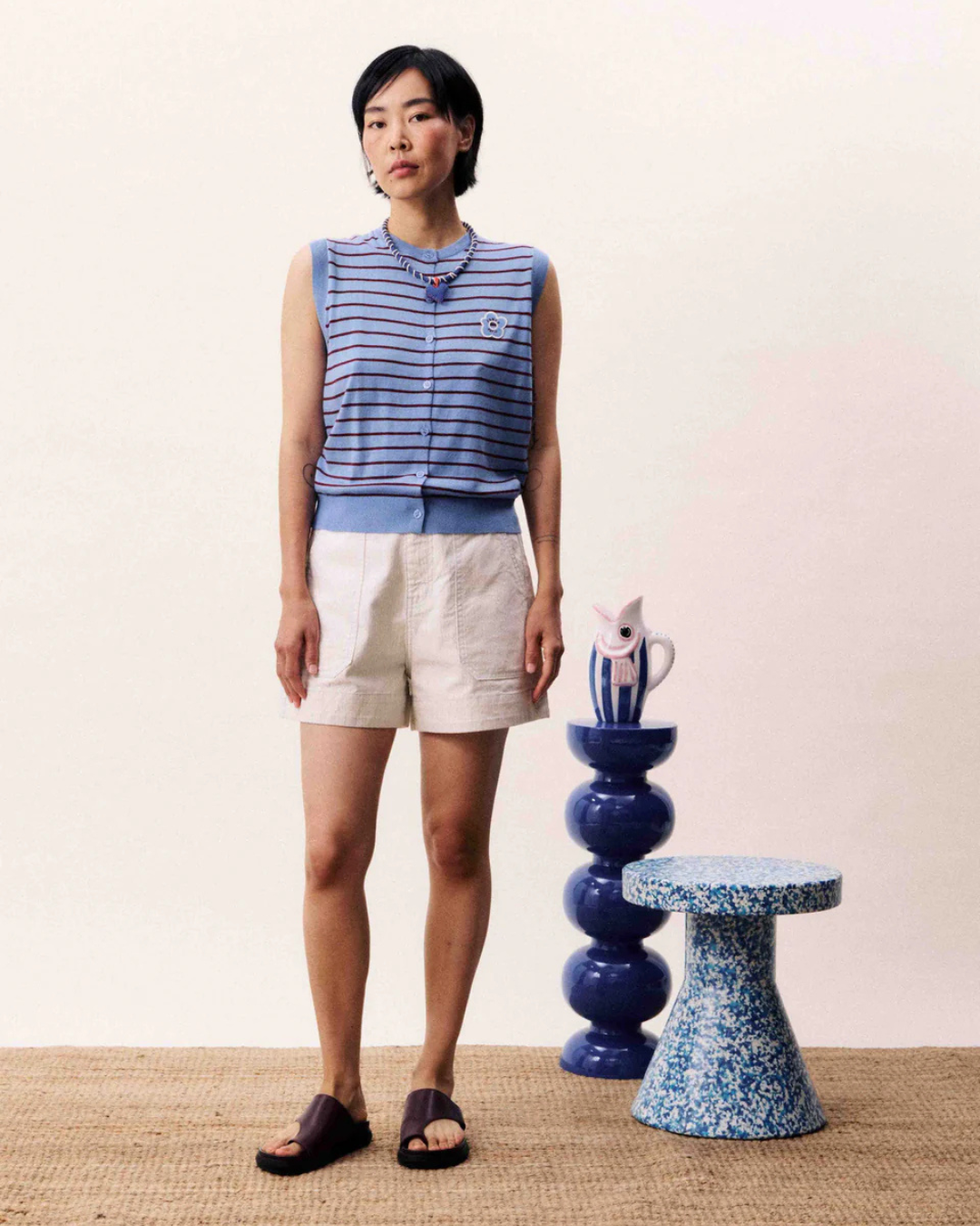 Cardigan Glacier bleu lavande sans manches rayé femme