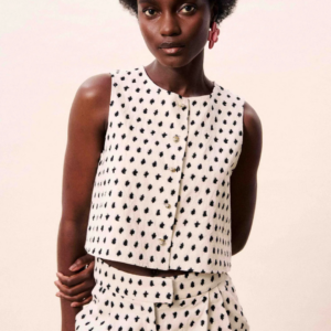 Gilet Nautilus crème sans manches motif géométrique noir