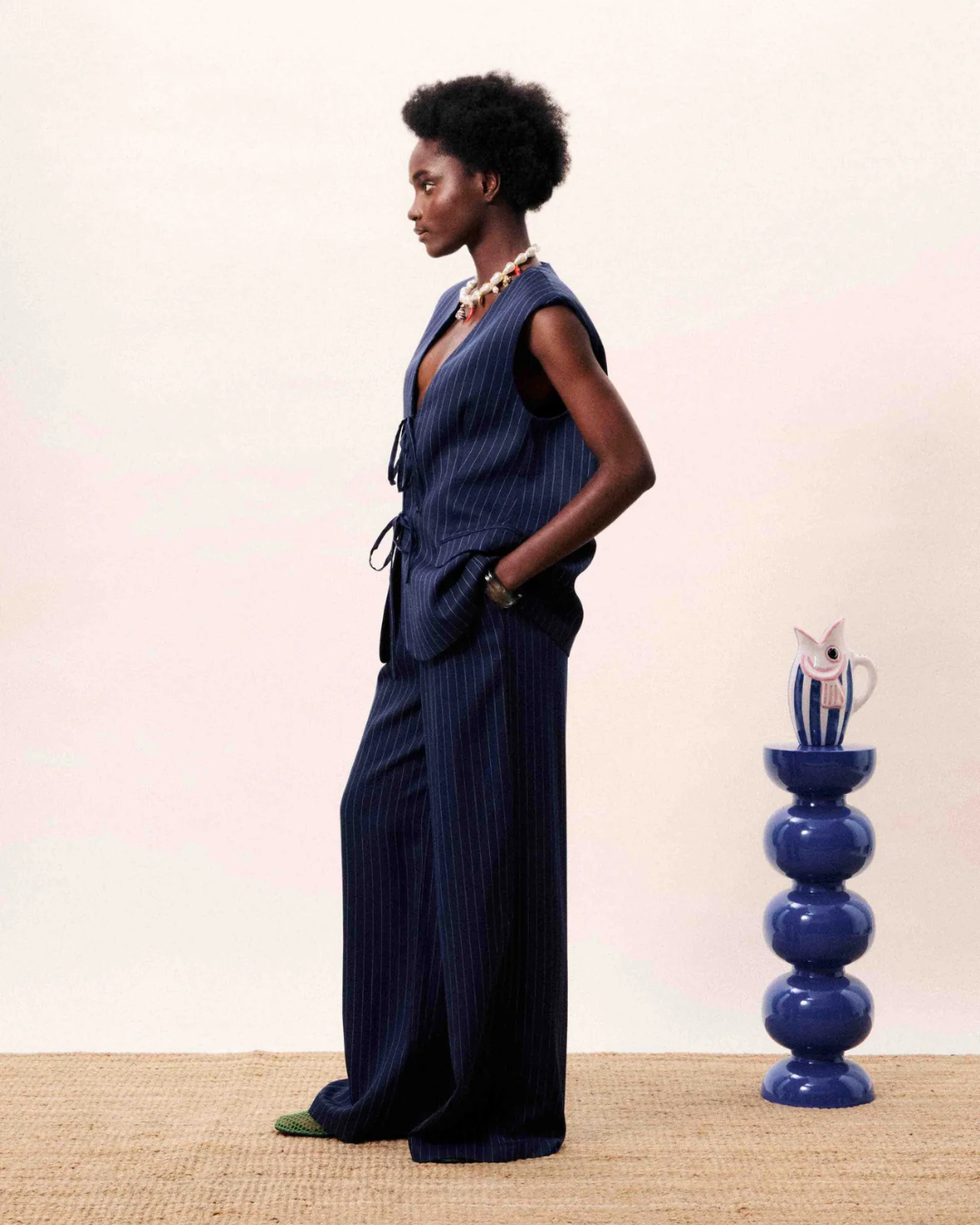 Pantalon Torrea bleu marine palazzo à rayures verticales