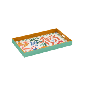 Plateau Oasis coloré en bois imprimé avec illustrations soleil et fruits