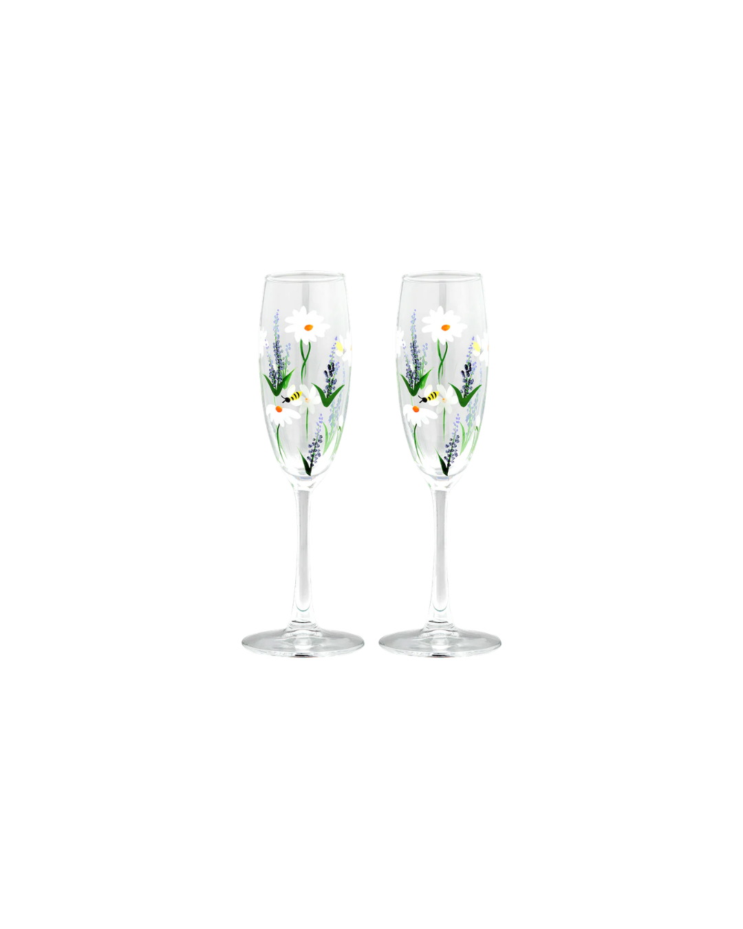 Flûtes à champagne peintes à la main fleurs et abeilles – set Springtime Toast