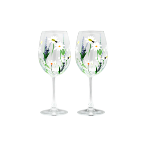 Verres à vin peints à la main avec fleurs et abeilles – set Springtime Toast