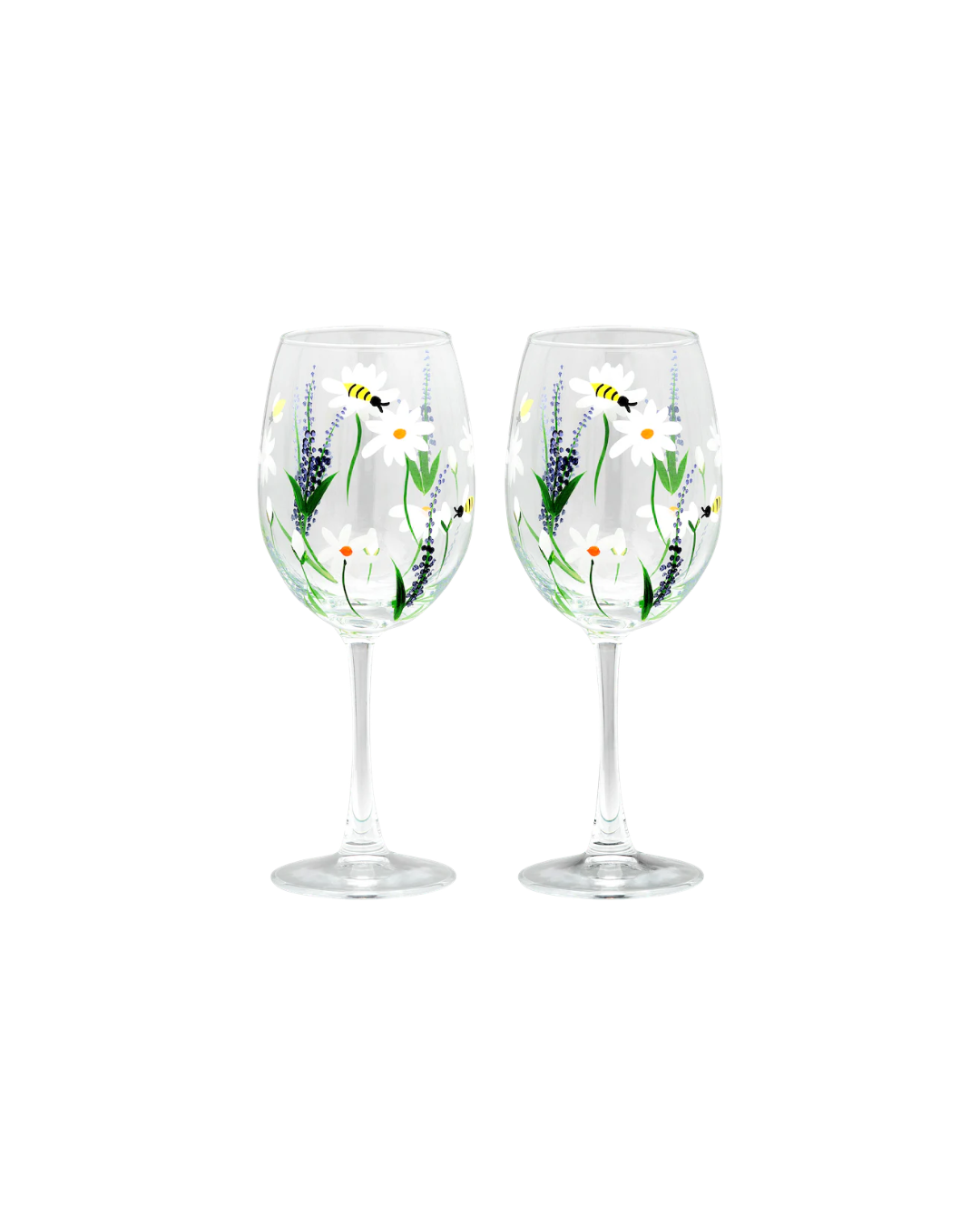 Verres à vin peints à la main avec fleurs et abeilles – set Springtime Toast