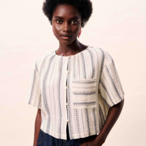 Chemise Valea crème oversize à rayures ethniques brodées