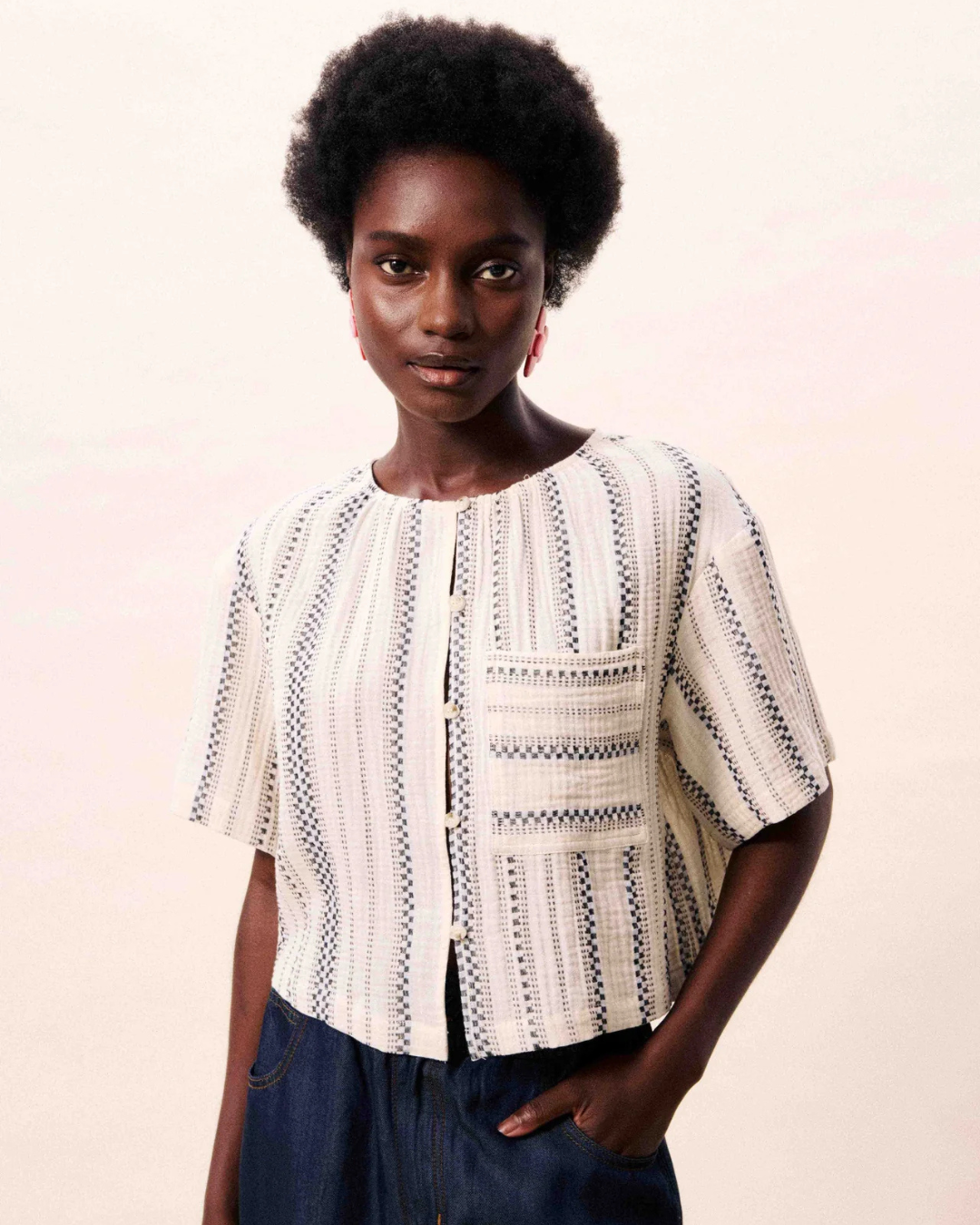 Chemise Valea crème oversize à rayures ethniques brodées