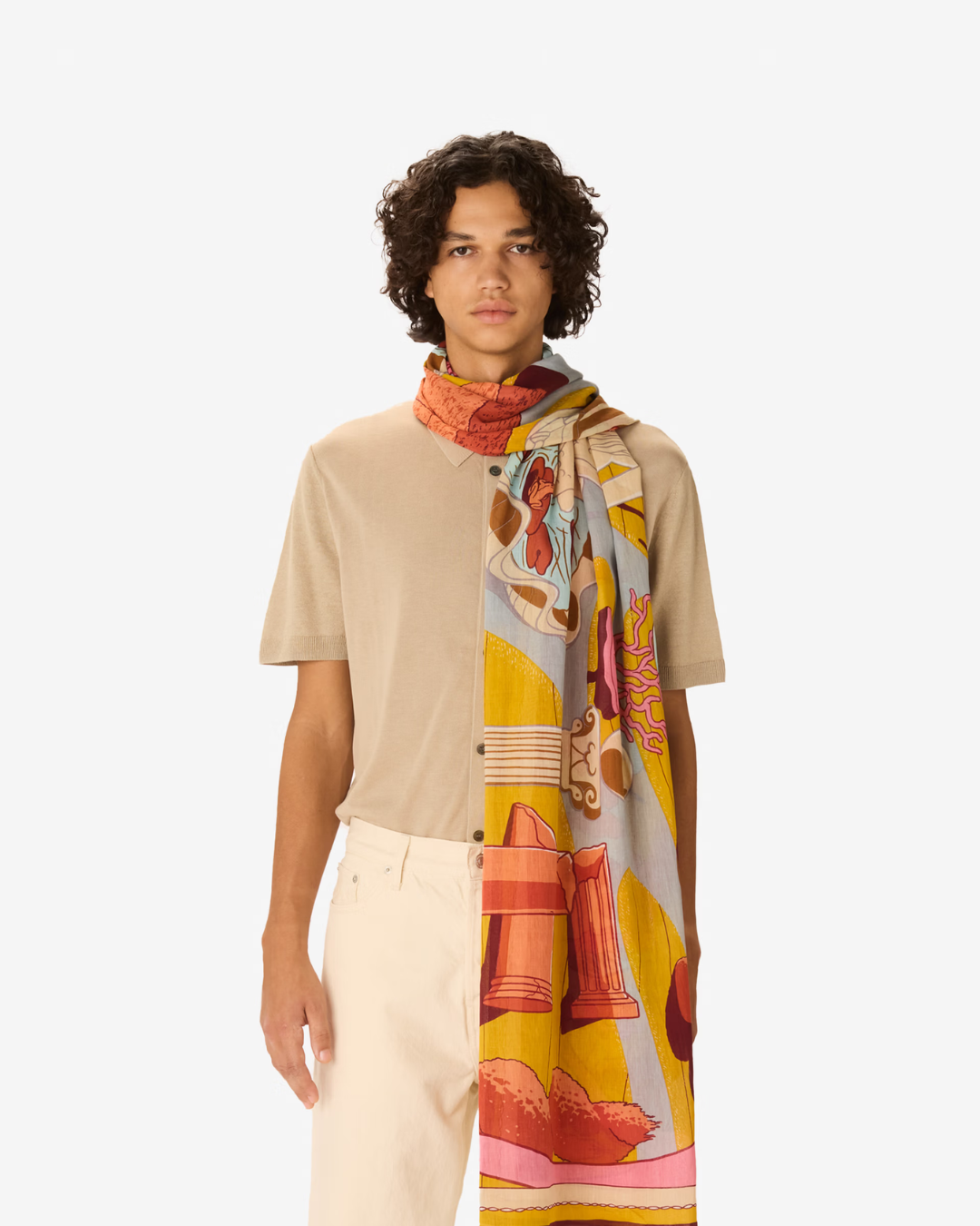 Écharpe Jardin jaune en coton imprimée à la main 100x190 cm