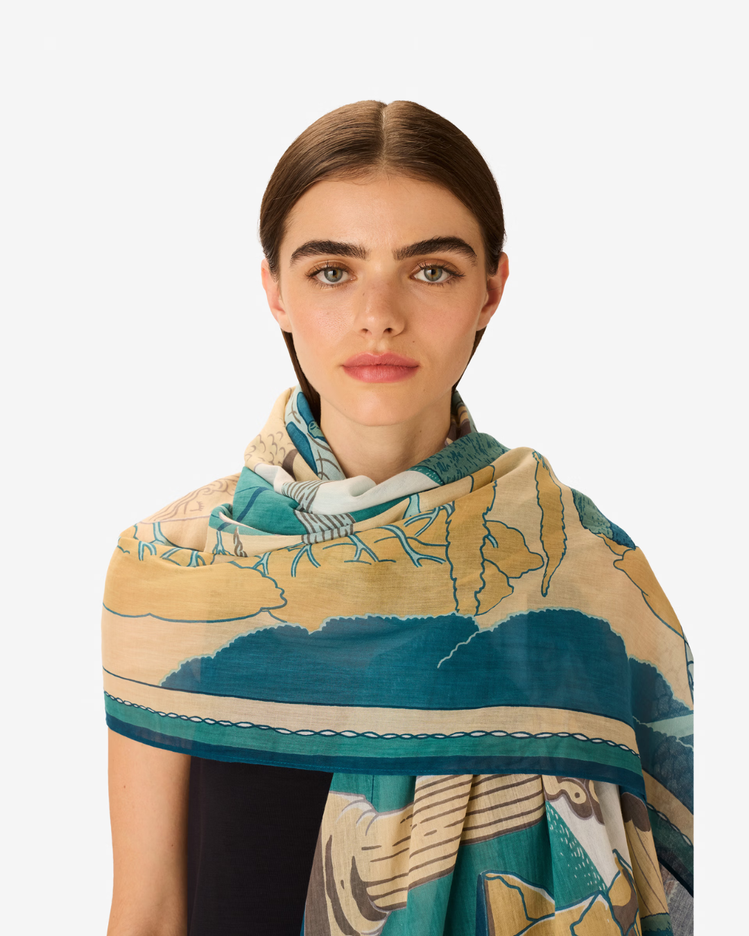 Écharpe Jardin turquoise en coton imprimée à la main 100x190 cm