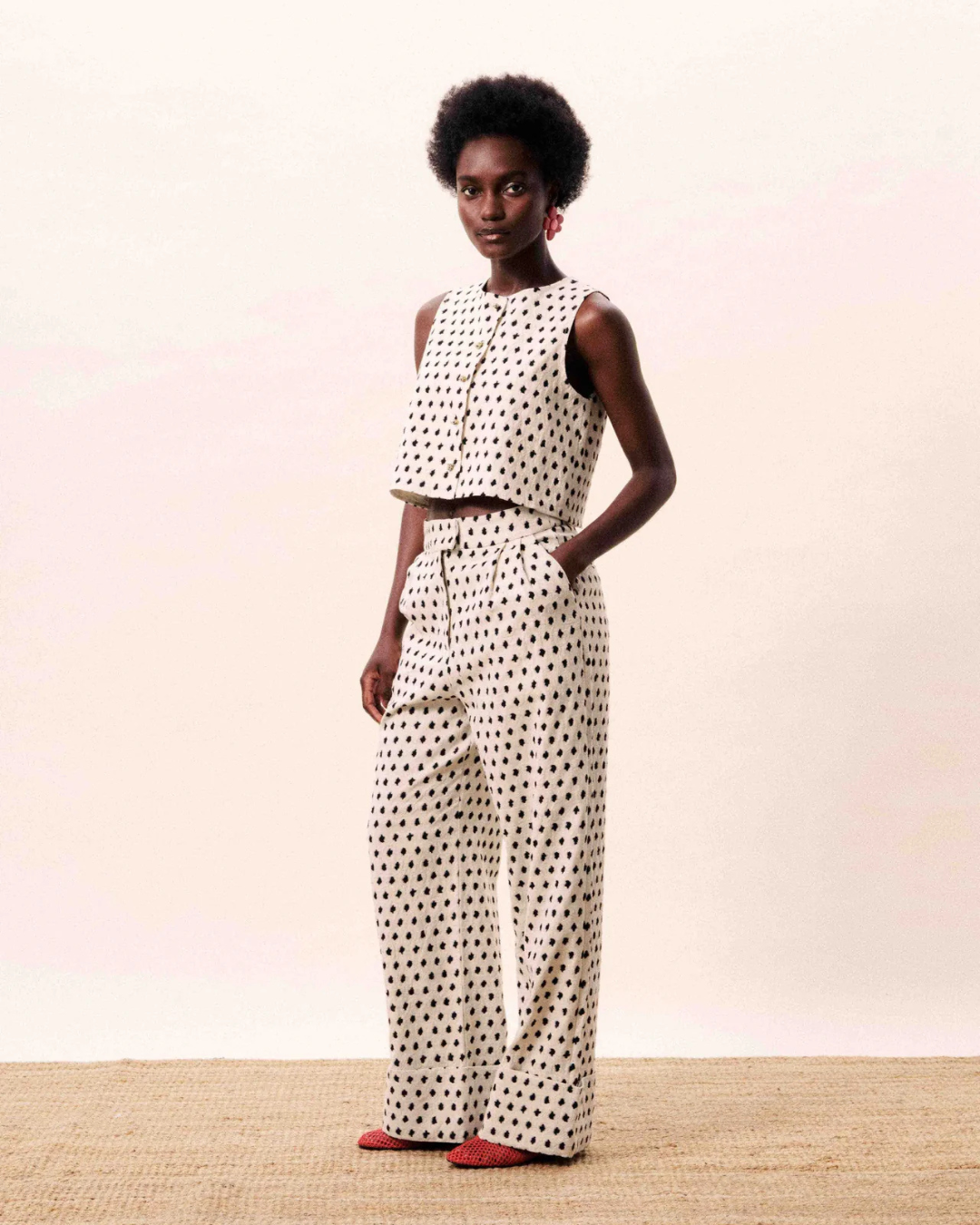 Pantalon Isolde crème à motif géométrique noir