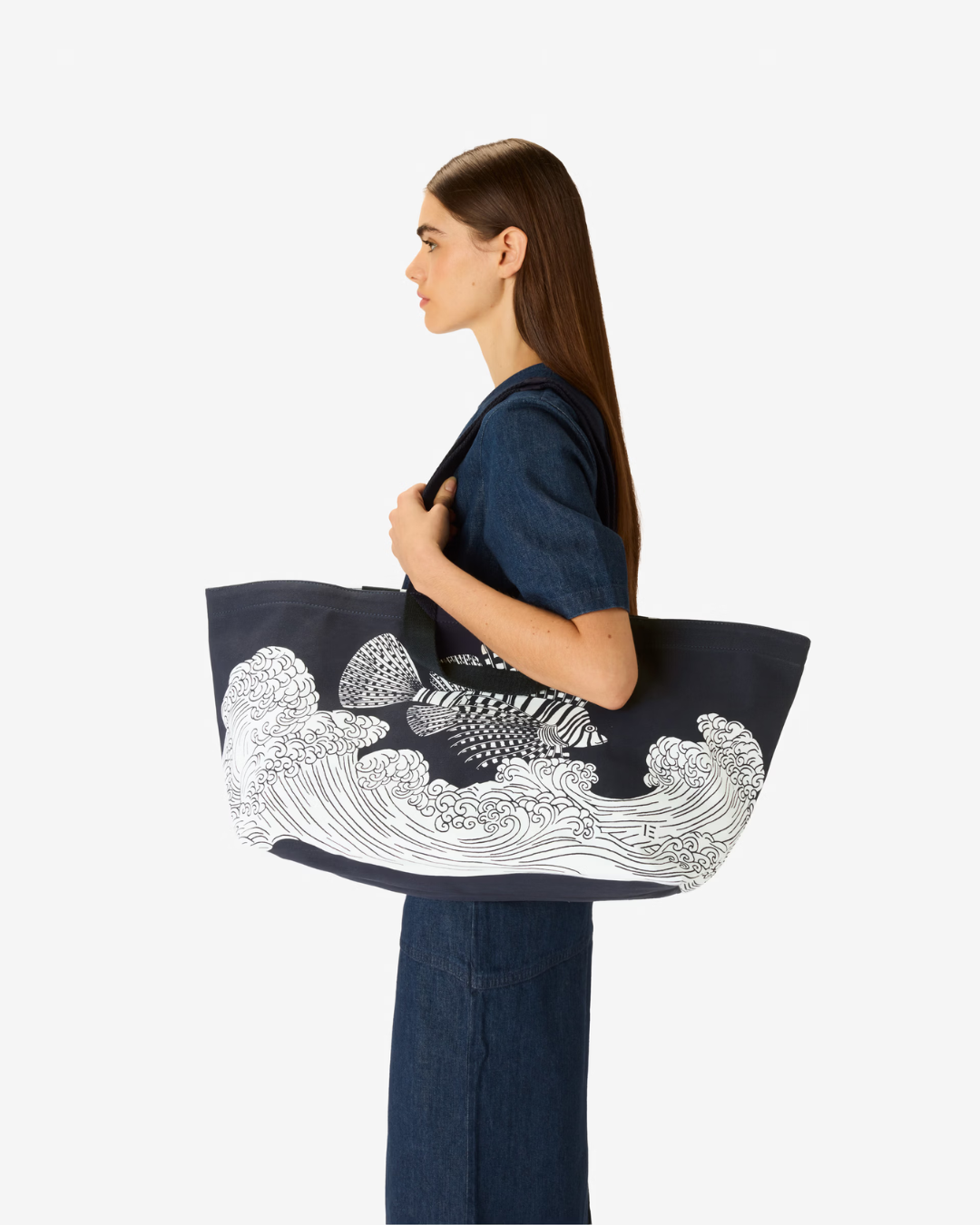 Sac cabas Poseidon bleu marine coton et cuir italien grand format