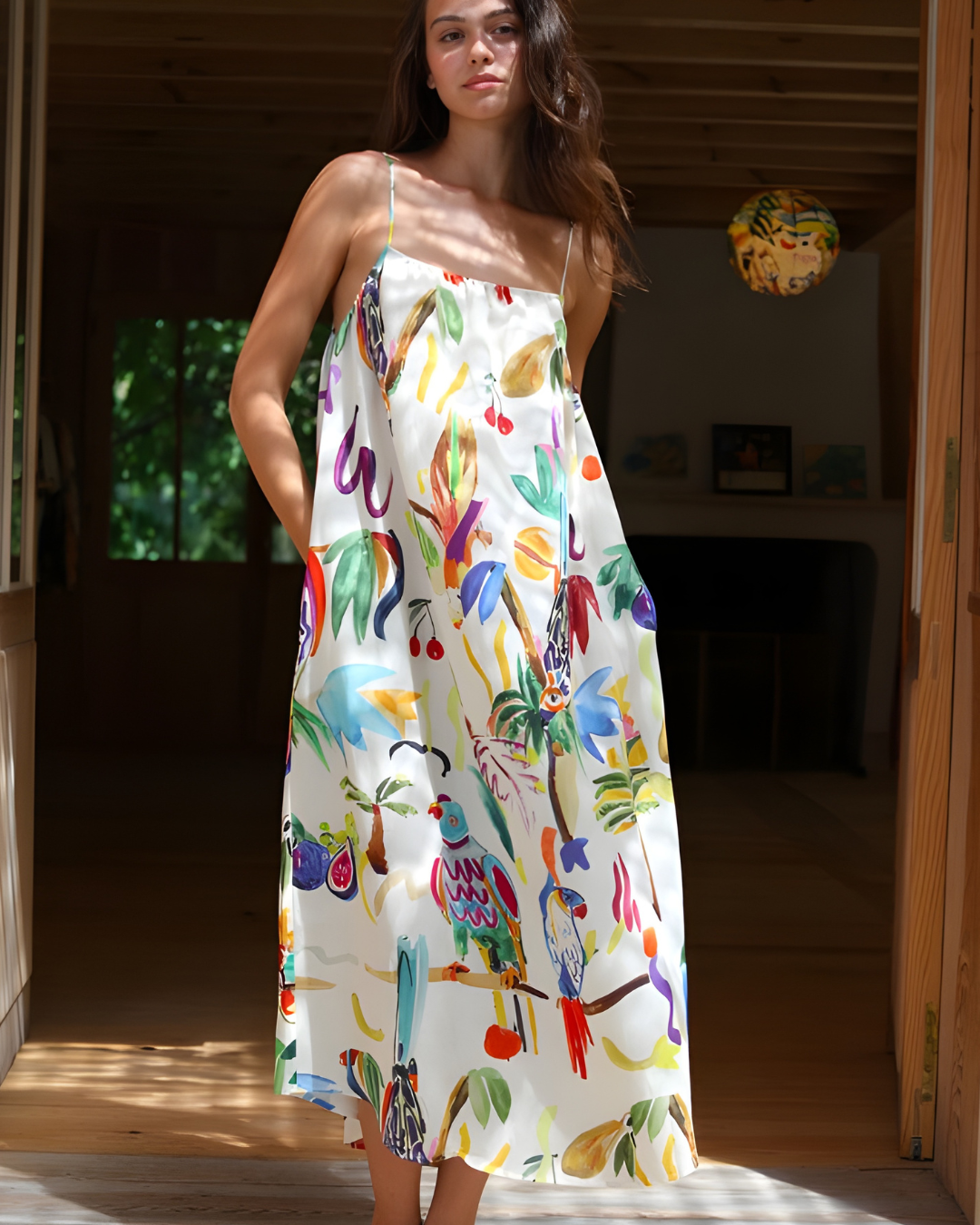 Robe femme à bretelles en lin et viscose motif Perruches