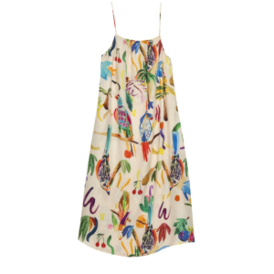 Robe femme à bretelles en lin et viscose motif Perruches