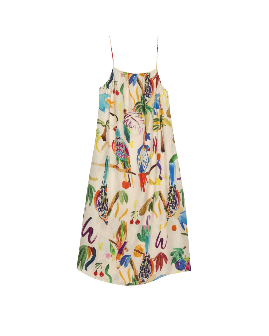 Robe femme à bretelles en lin et viscose motif Perruches