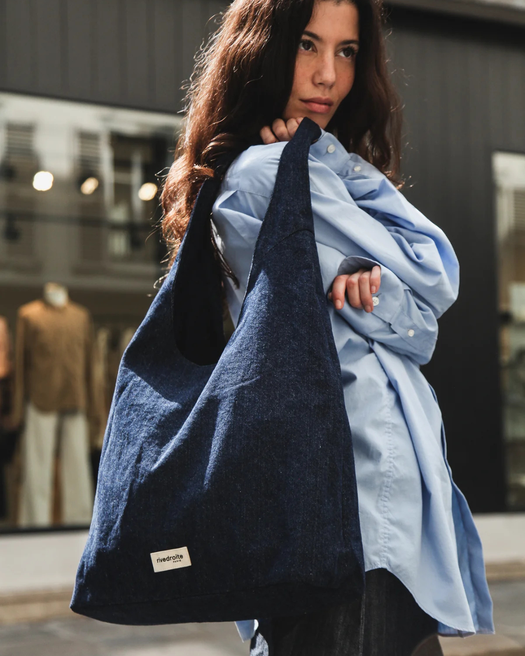 Sac hobo épaule Richelieu en denim brut grand format en coton recyclé avec poche intérieure