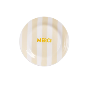 Assiette rayée jaune Merci en porcelaine 19 cm avec motif pastel et inscription décorative