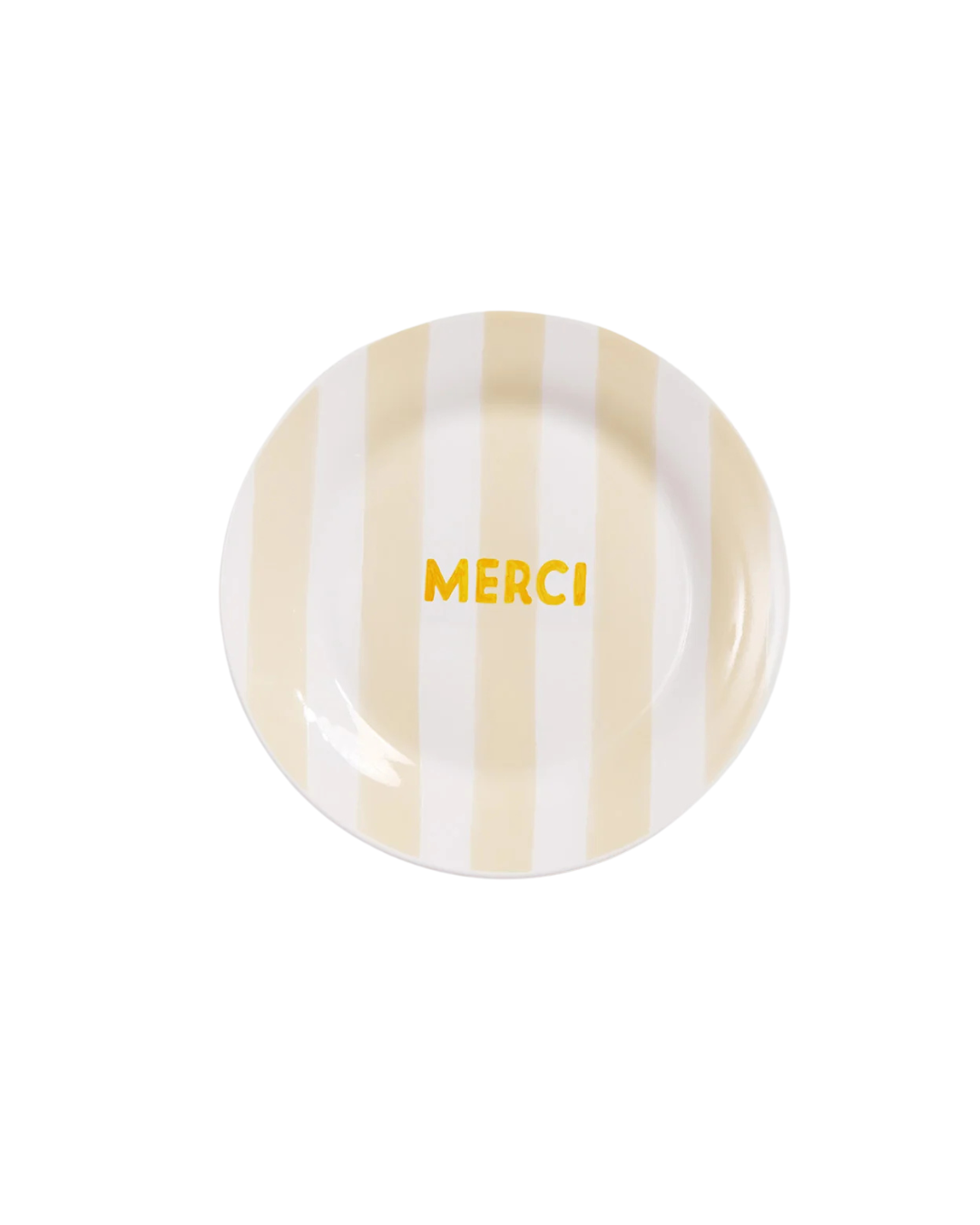 Assiette rayée jaune Merci en porcelaine 19 cm avec motif pastel et inscription décorative