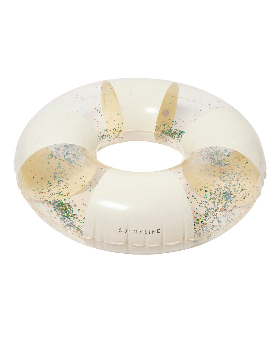 Bouée gonflable ronde rayée crème avec effet paillettes pour piscine et plage