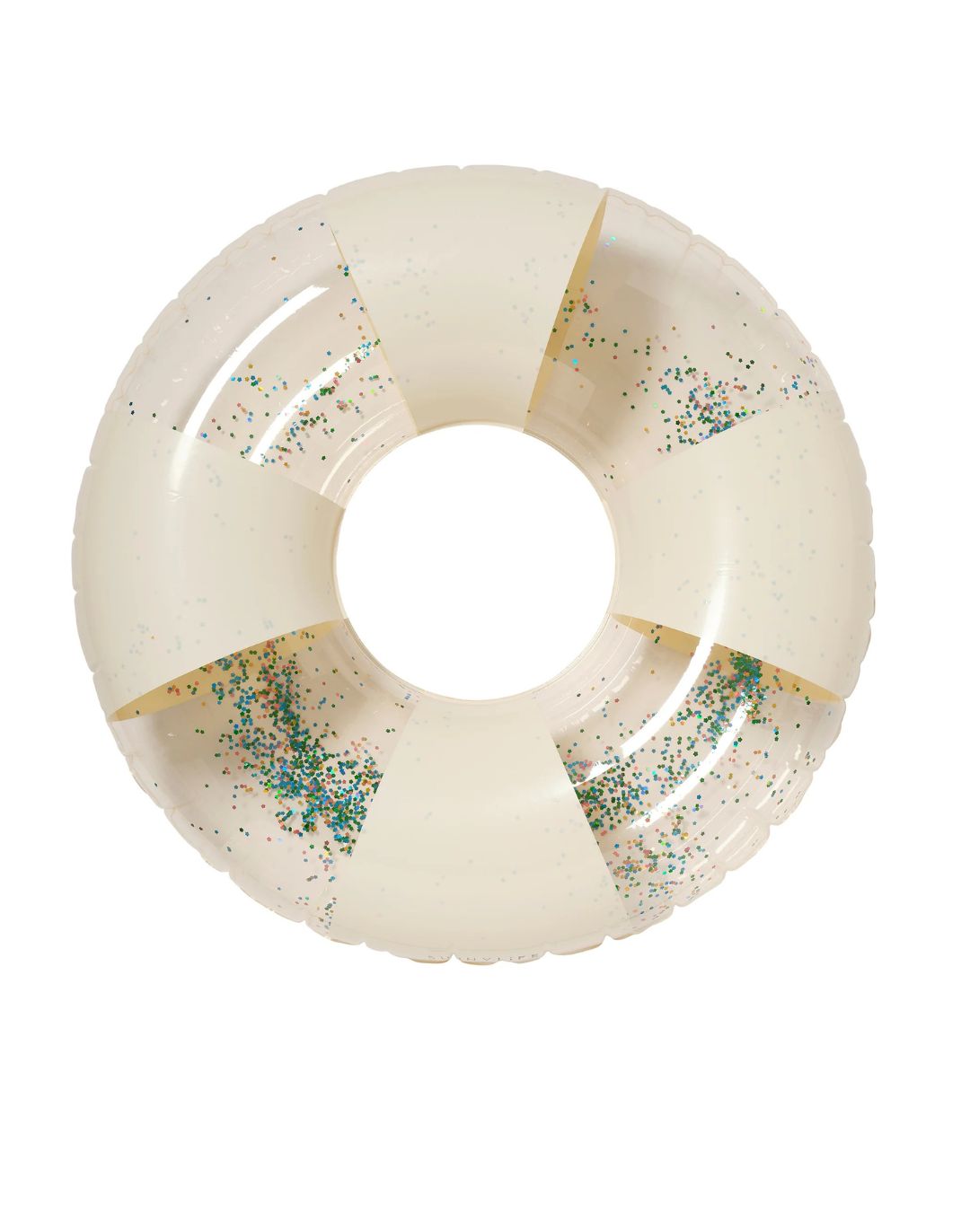 Bouée gonflable ronde rayée crème avec effet paillettes pour piscine et plage