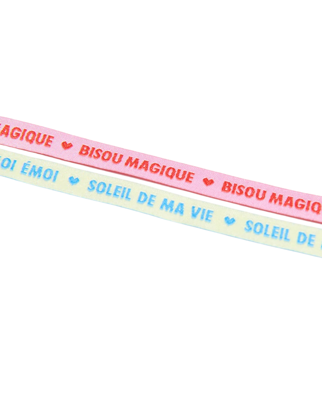 Duo de bracelets liens Soleil de ma vie et Bisou magique en ruban jacquard ajustable à partager