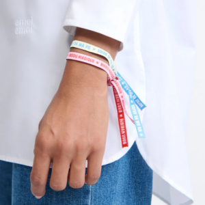 Duo de bracelets liens Soleil de ma vie et Bisou magique en ruban jacquard ajustable à partager