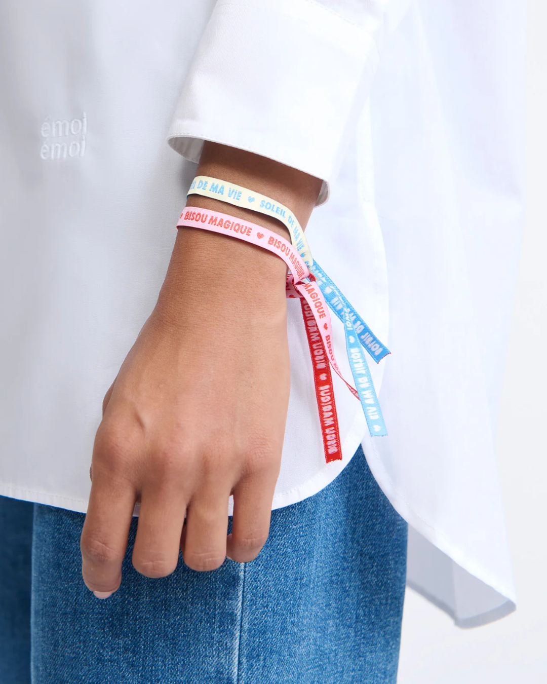 Duo de bracelets liens Soleil de ma vie et Bisou magique en ruban jacquard ajustable à partager